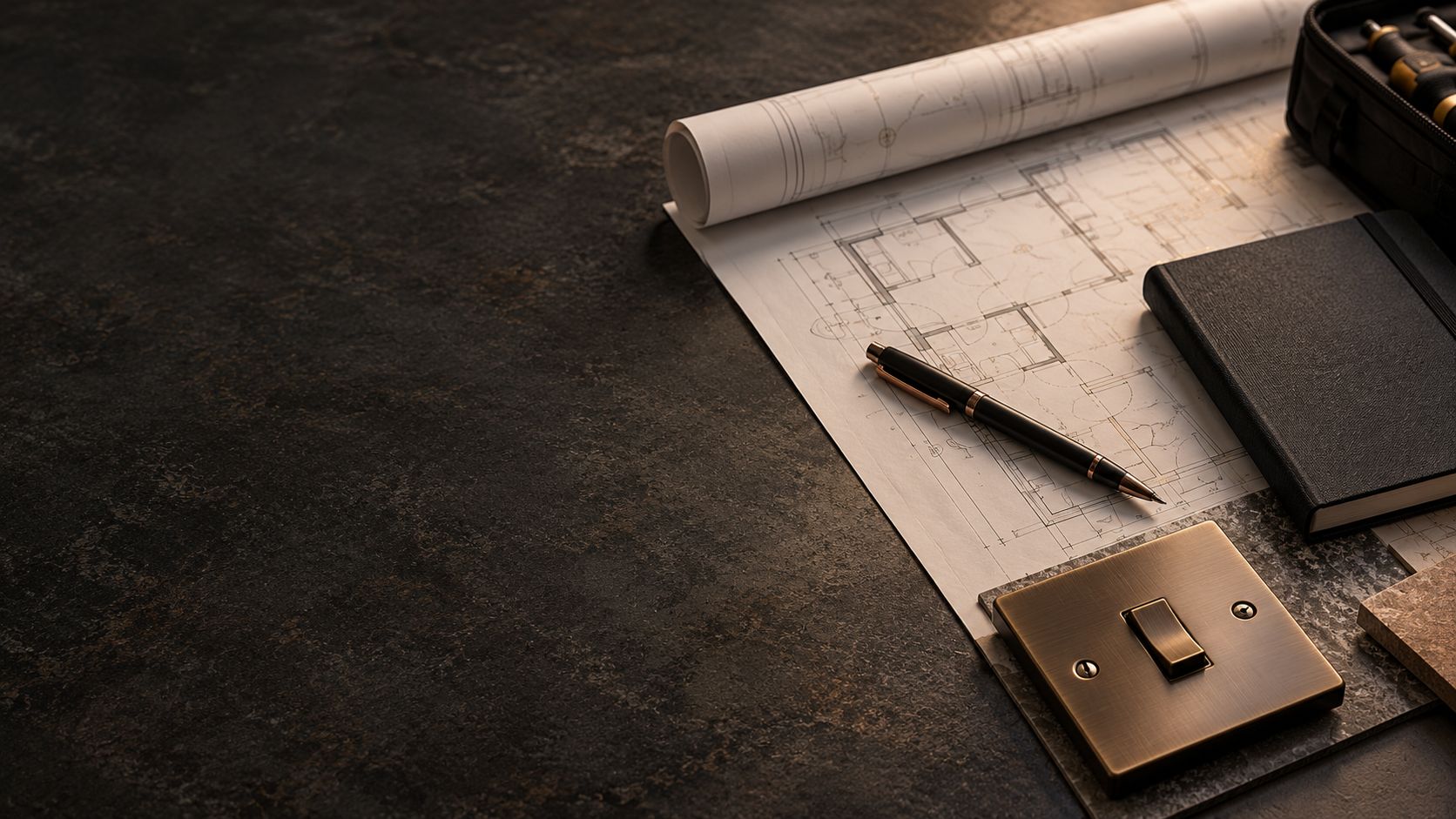 Architectural plans, a notebook, a pen and a bronze switch on a dark surface