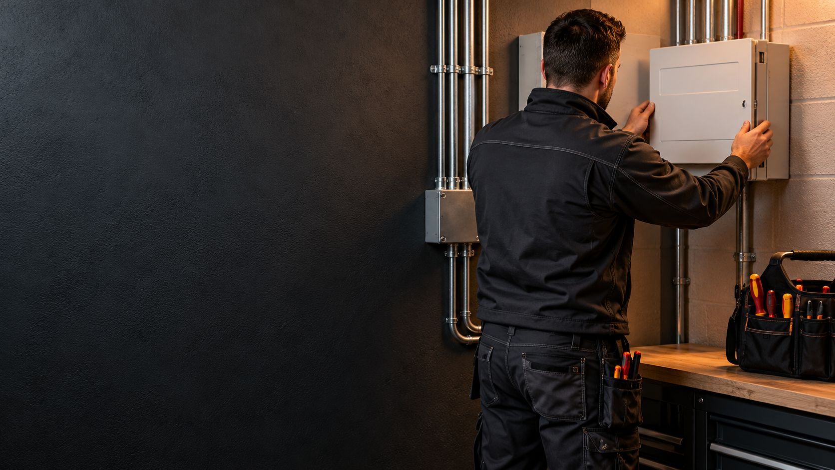 An electrician seen from behind at a consumer unit, with a tool bag on a workbench