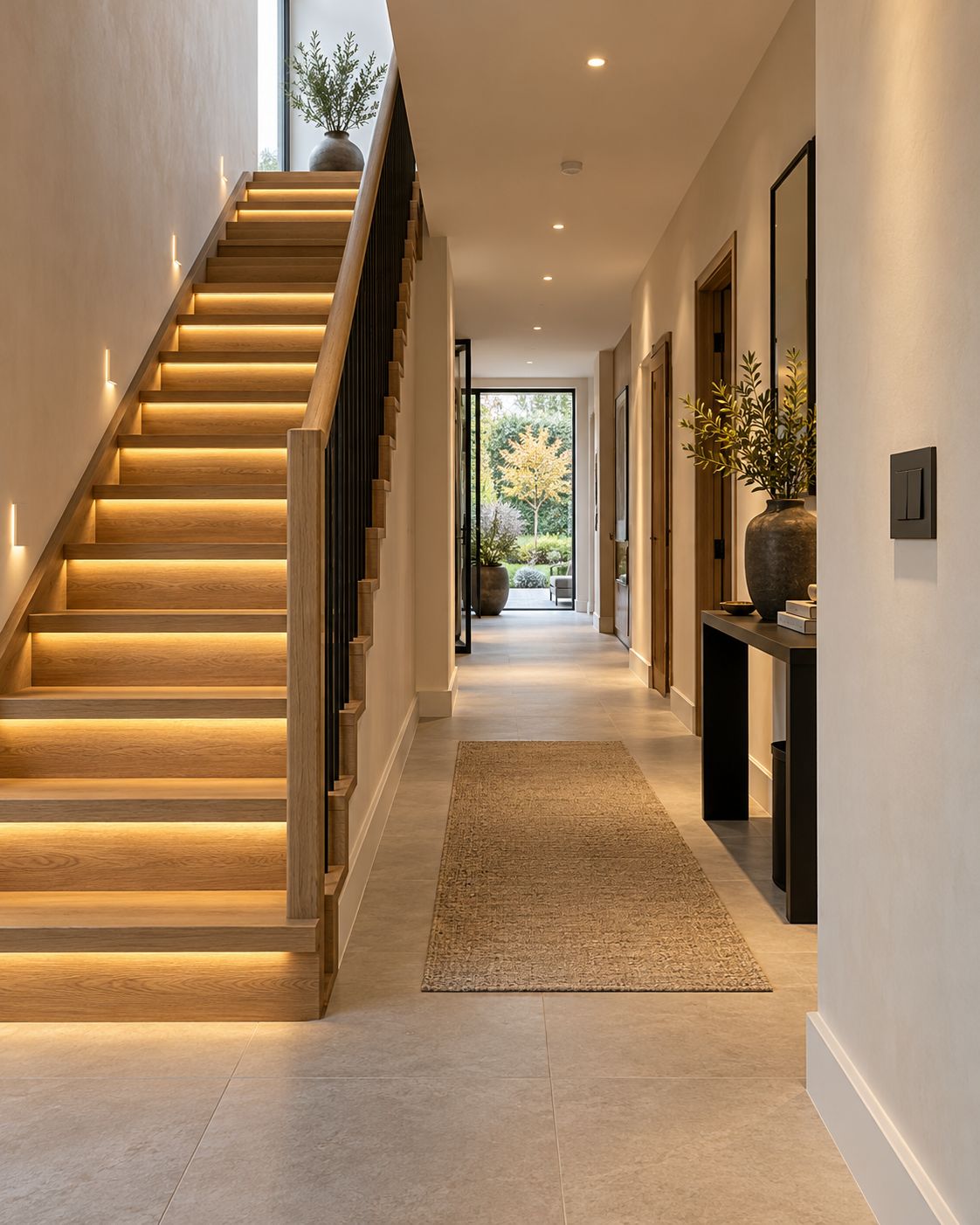 An oak staircase and hallway lit by warm integrated lights